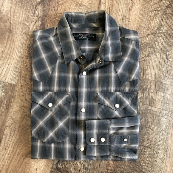 AllSaints Men's Gray Frontier Shirt Plaid Snap Dow - Picture 2 of 8